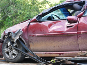 Side shot of a totaled car